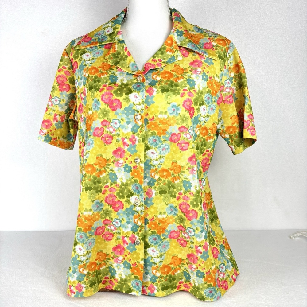 Vintage 60s 70s Floral Button Front Shirt Large Yellow Bright Flower Power Retro